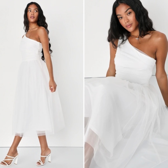 LULUS Bridal Bachelorette Engagement Bridal Shower Sexy One Shoulder Midi Dress - Picture 3 of 5